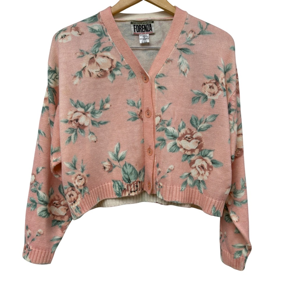 Vintage Forenza Pink Floral Cropped Cardigan Sweater Size Medium Rose Print 90s